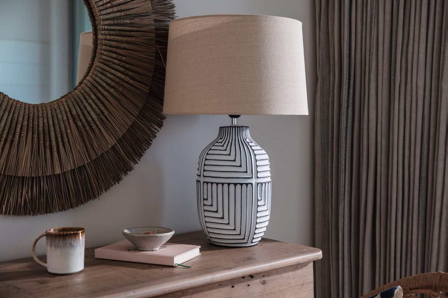 Ceramic Tribal Textured Table Lamp , Monochrome Abstract Table Lamp