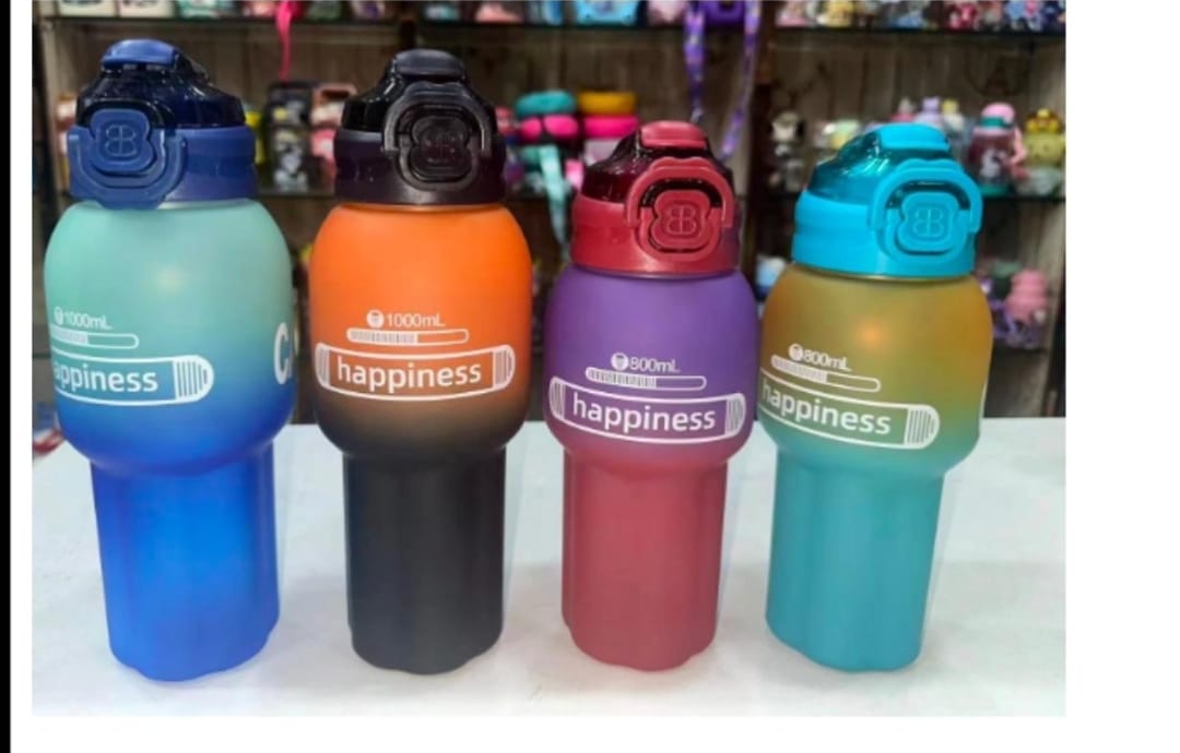Happiness Up" motivational water bottles, featuring different colors and capacities (800ml and 1000ml).