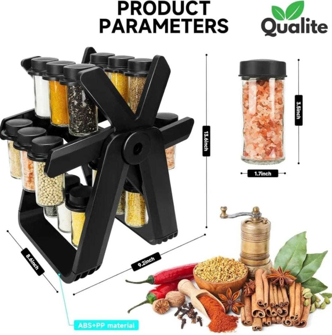 360° Rotating Ferris Wheel Spice Rack with 18 glass spice jars and usage high quality material.