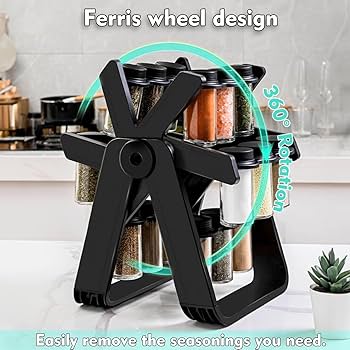 360° Rotating Ferris Wheel Spice Rack with 18 glass spice jars and usage high quality material.