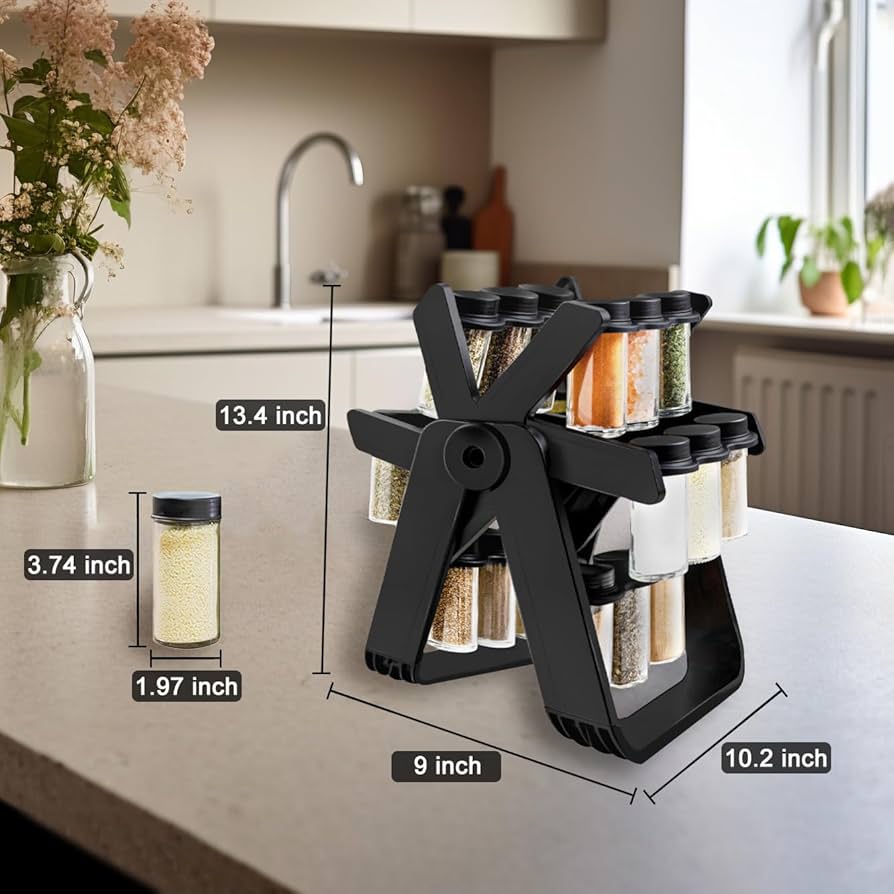 360° Rotating Ferris Wheel Spice Rack with 18 glass spice jars and usage high quality material.