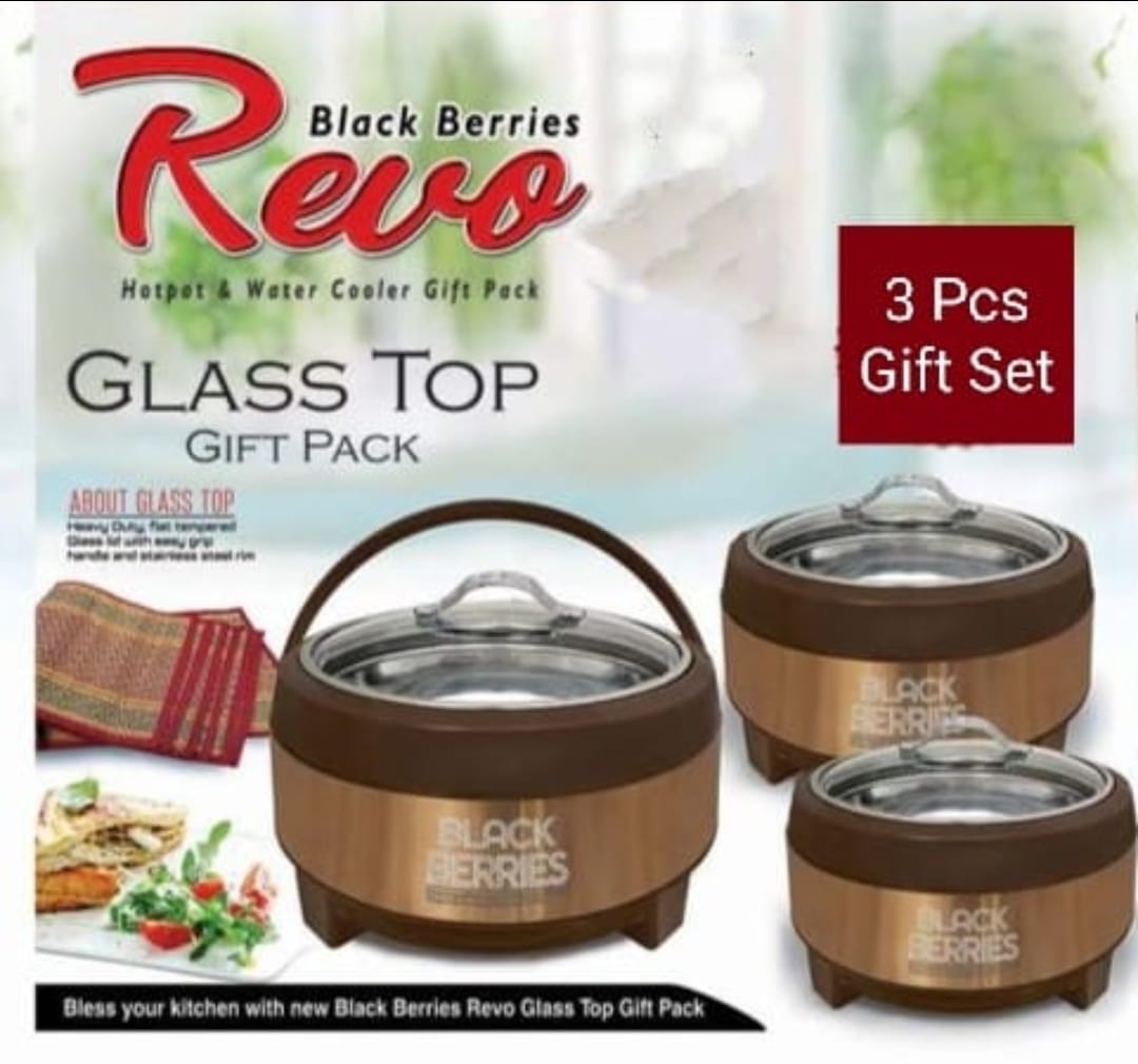 Black Berries Revo Glass Top Hotpot Set, which is a premium collection of insulated hotpots designed to keep meals warm.