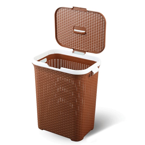 Brown, rectangular laundry basket, likely made of plastic with a woven design, and features a white rim and lid.