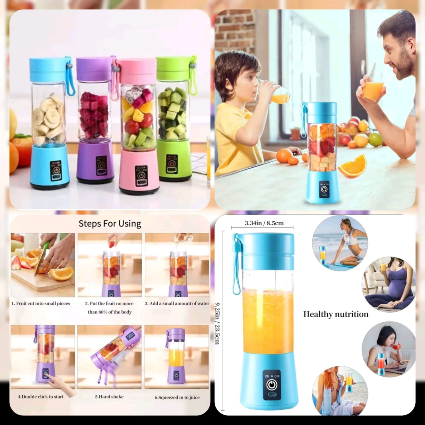 Electric Blender Mini Portable Personal Size Juicer Cup USB Rechargeable Mixer 380ml