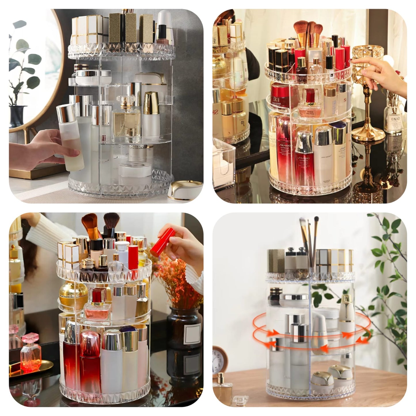 360-degree rotating acrylic makeup organizer.