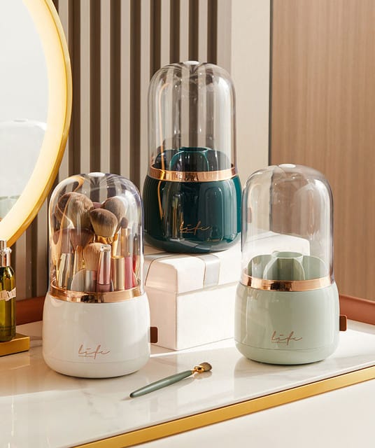 This is a 360-degree rotating makeup brush holder with a lid.
