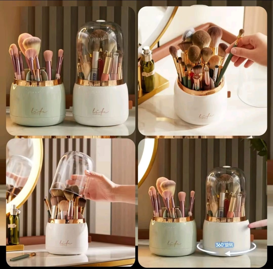 This is a 360-degree rotating makeup brush holder with a lid.