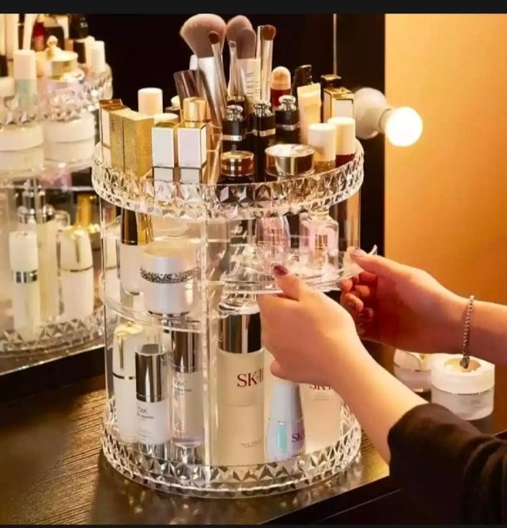 360-degree rotating acrylic makeup organizer.