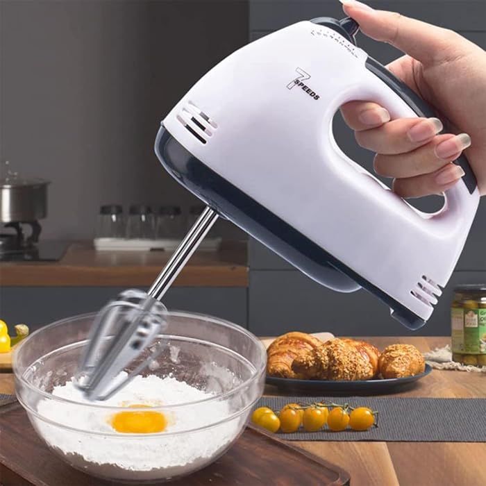 Super Speed Scarlett Hand Mixer - 7 Speed Egg Beater with Chrome Beater + Dough Hook (White)