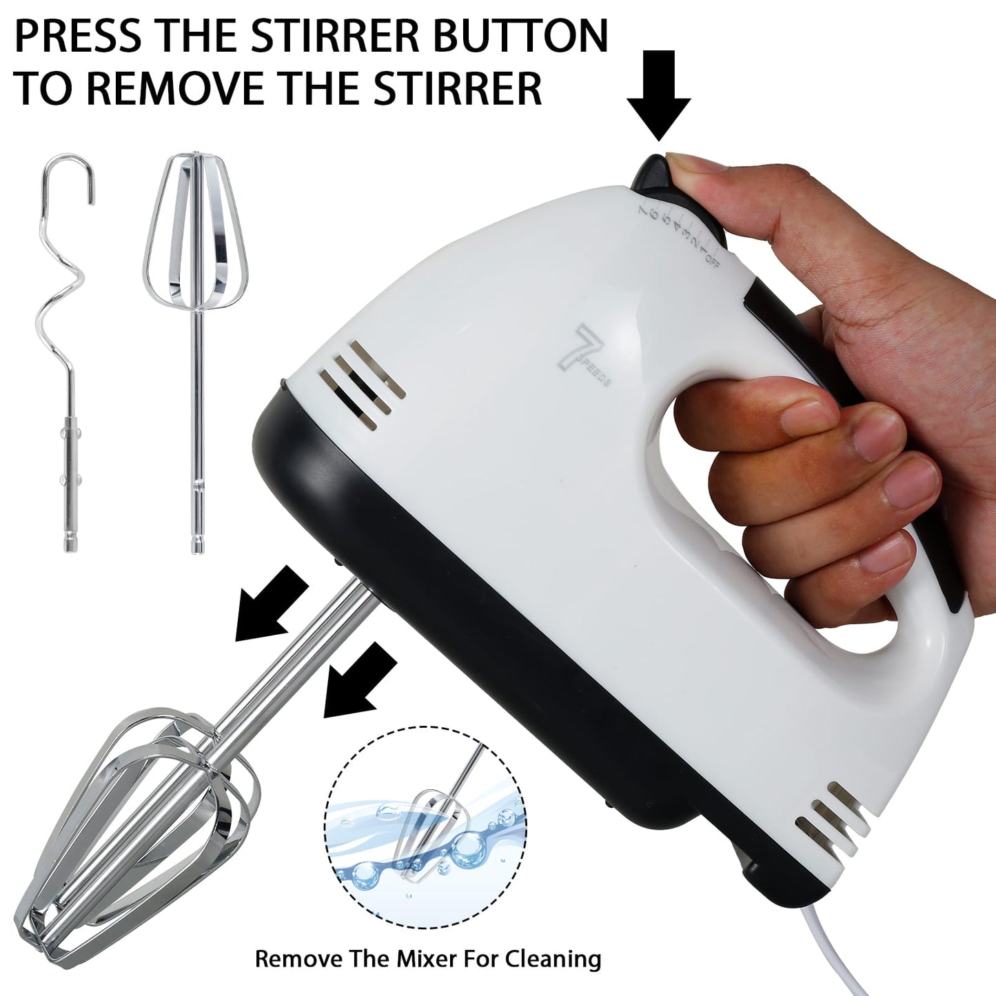 Super Speed Scarlett Hand Mixer - 7 Speed Egg Beater with Chrome Beater + Dough Hook (White)