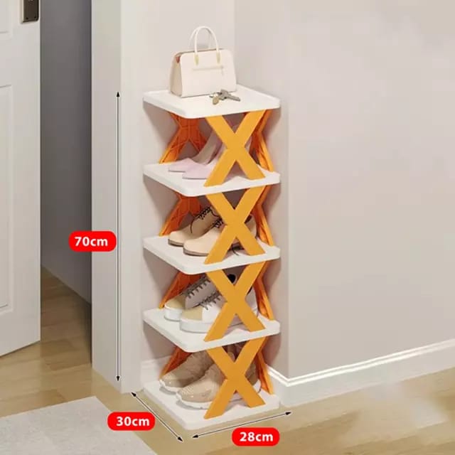 multi-layered, foldable shoe rack with an X-Shaped design.