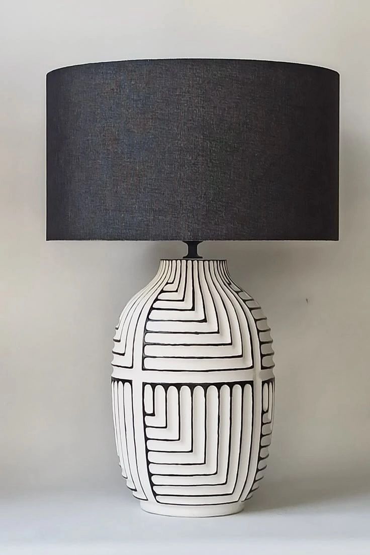 Ceramic Tribal Textured Table Lamp , Monochrome Abstract Table Lamp