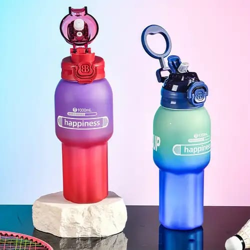 Happiness Up" motivational water bottles, featuring different colors and capacities (800ml and 1000ml).