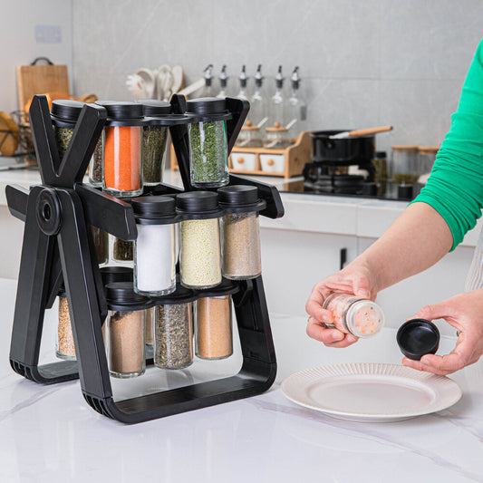 360° Rotating Ferris Wheel Spice Rack with 18 glass spice jars and usage high quality material.