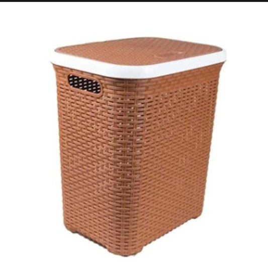 Brown, rectangular laundry basket, likely made of plastic with a woven design, and features a white rim and lid.