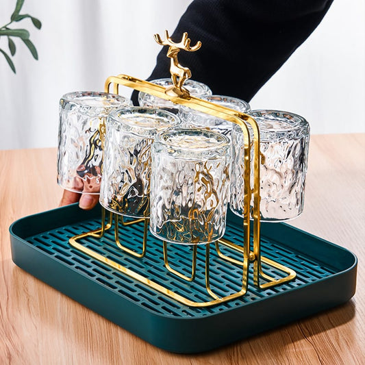 6 Glass Holder and Glass Stand for Dining | Mug Cup Organiser Shelf for Kitchen with green color Handle, Metal