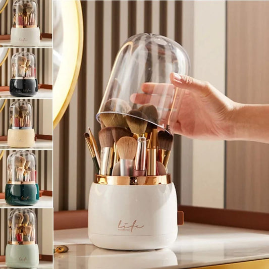 This is a 360-degree rotating makeup brush holder with a lid.
