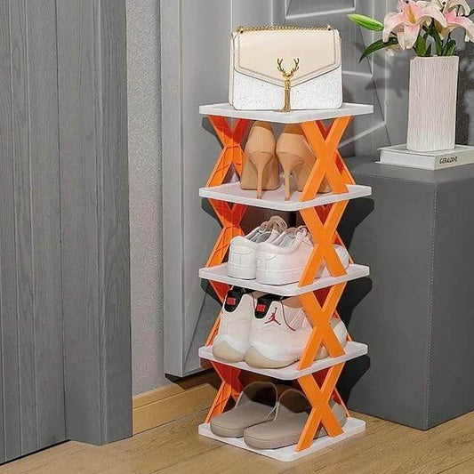 multi-layered, foldable shoe rack with an X-Shaped design.