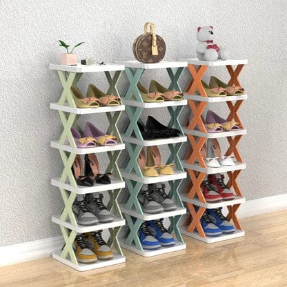 multi-layered, foldable shoe rack with an X-Shaped design.