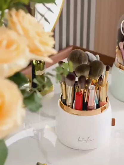 This is a 360-degree rotating makeup brush holder with a lid.